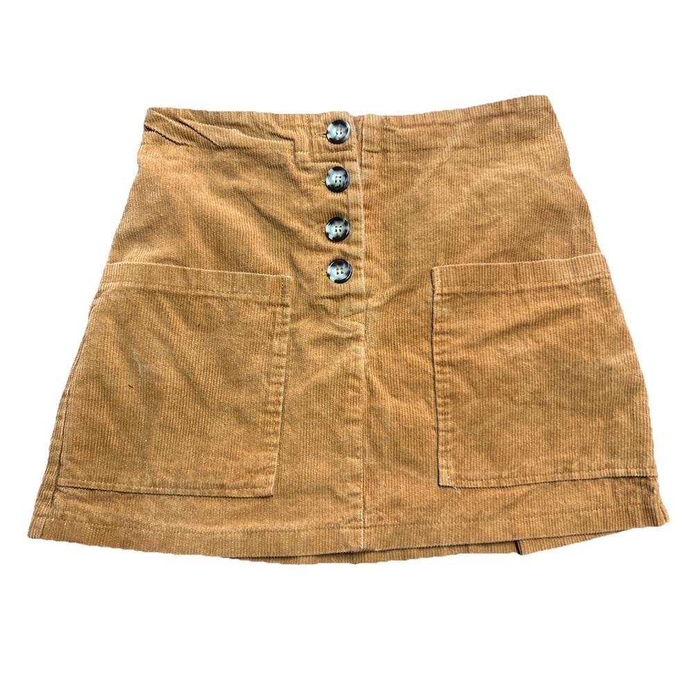 70s-vibe‎ Corduroy Mini Skirt M Button Front Utility Patch Pockets Camel Cotton